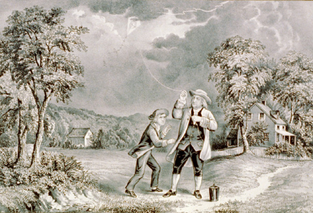 Несчастный Бенджамин Франклин стоит под проливным дождем и ждет, когда в его воздушный змей ударит молния Несчастный Бенджамин Франклин стоит под проливным дождем и ждет, когда в его воздушный змей ударит молния