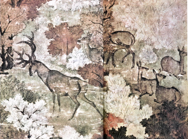 Олени среди деревьев красного клена. Фрагмент свитка. 10 век. Тушь, шелк, Олени среди деревьев красного клена. Фрагмент свитка. 10 век. Тушь, шелк,